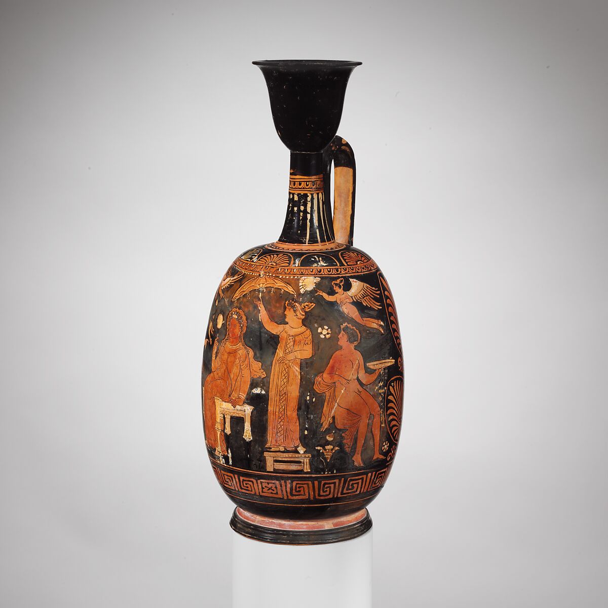 Terracotta squat lekythos (oil flask), Attributed to the Group of New York 28.57.10, Terracotta, Greek, South Italian, Apulian