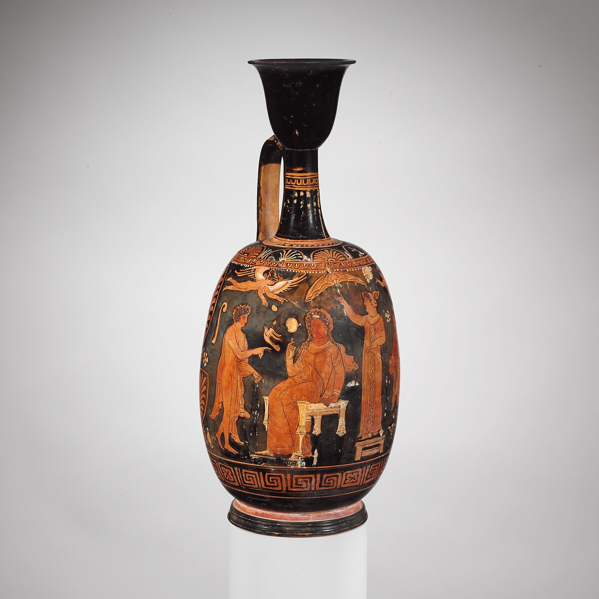 Terracotta squat lekythos (oil flask), Attributed to the Group of New York 28.57.10, Terracotta, Greek, South Italian, Apulian