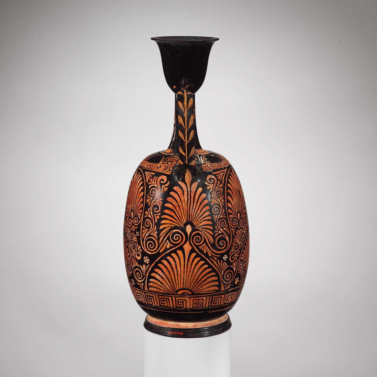 Terracotta squat lekythos (oil flask), Attributed to the Group of New York 28.57.10, Terracotta, Greek, South Italian, Apulian