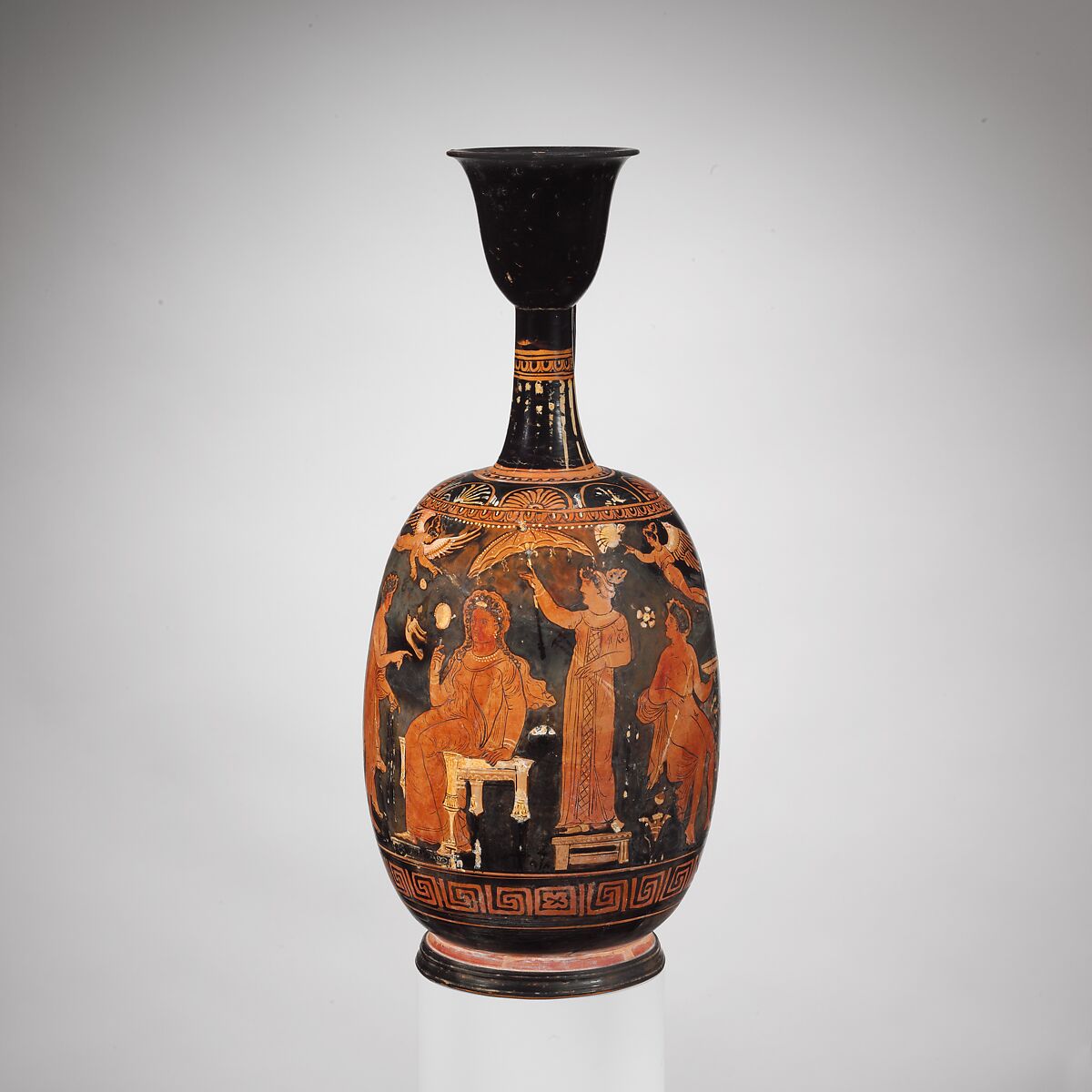 Terracotta squat lekythos (oil flask), Attributed to the Group of New York 28.57.10, Terracotta, Greek, South Italian, Apulian 