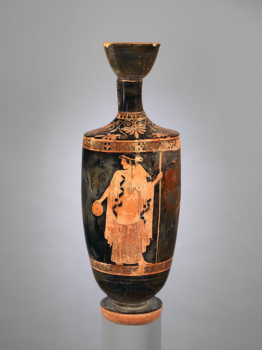 Terracotta lekythos (oil flask), Attributed to the Brygos Painter, Terracotta, Greek, Attic 