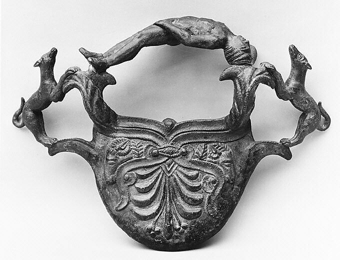 Bronze handle with dogs flanking a reclining youth, Bronze, Etruscan