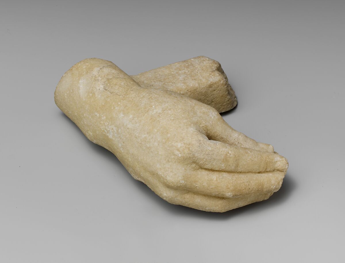 Marble right hand and wrist with a supporting strut, Marble, Roman 