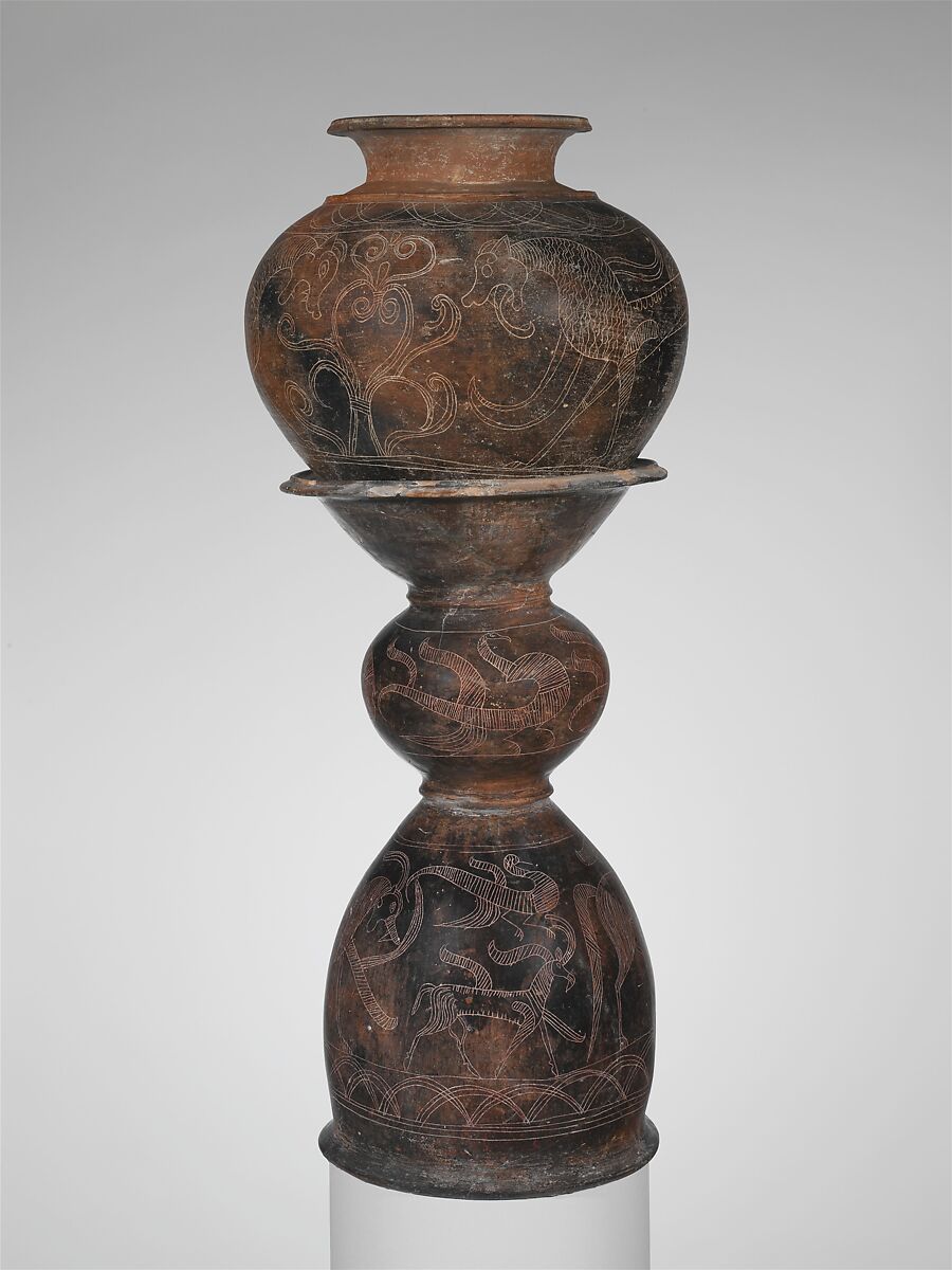 Terracotta dinos (deep round-bottomed bowl) and holmos (stand), Terracotta, Faliscan, Capena