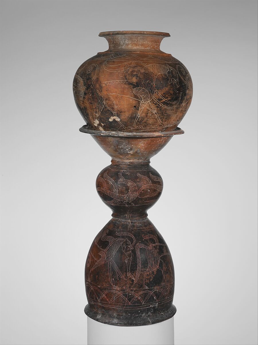 Terracotta dinos (deep round-bottomed bowl) and holmos (stand), Terracotta, Faliscan, Capena