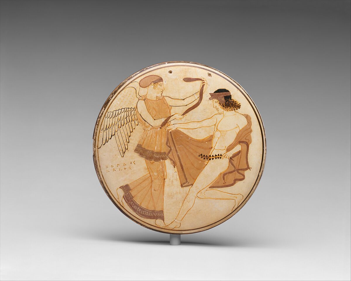 Terracotta bobbin, Penthesilea Painter, Terracotta, Greek, Attic