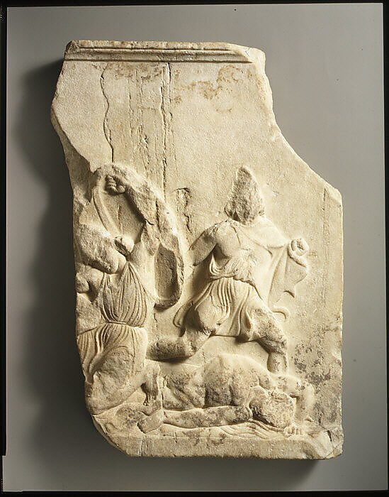 Fragment of a marble relief from a funerary monument, Marble, Pentelic, Greek, Attic
