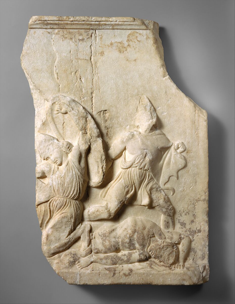 Fragment of a marble relief from a funerary monument, Marble, Pentelic, Greek, Attic 