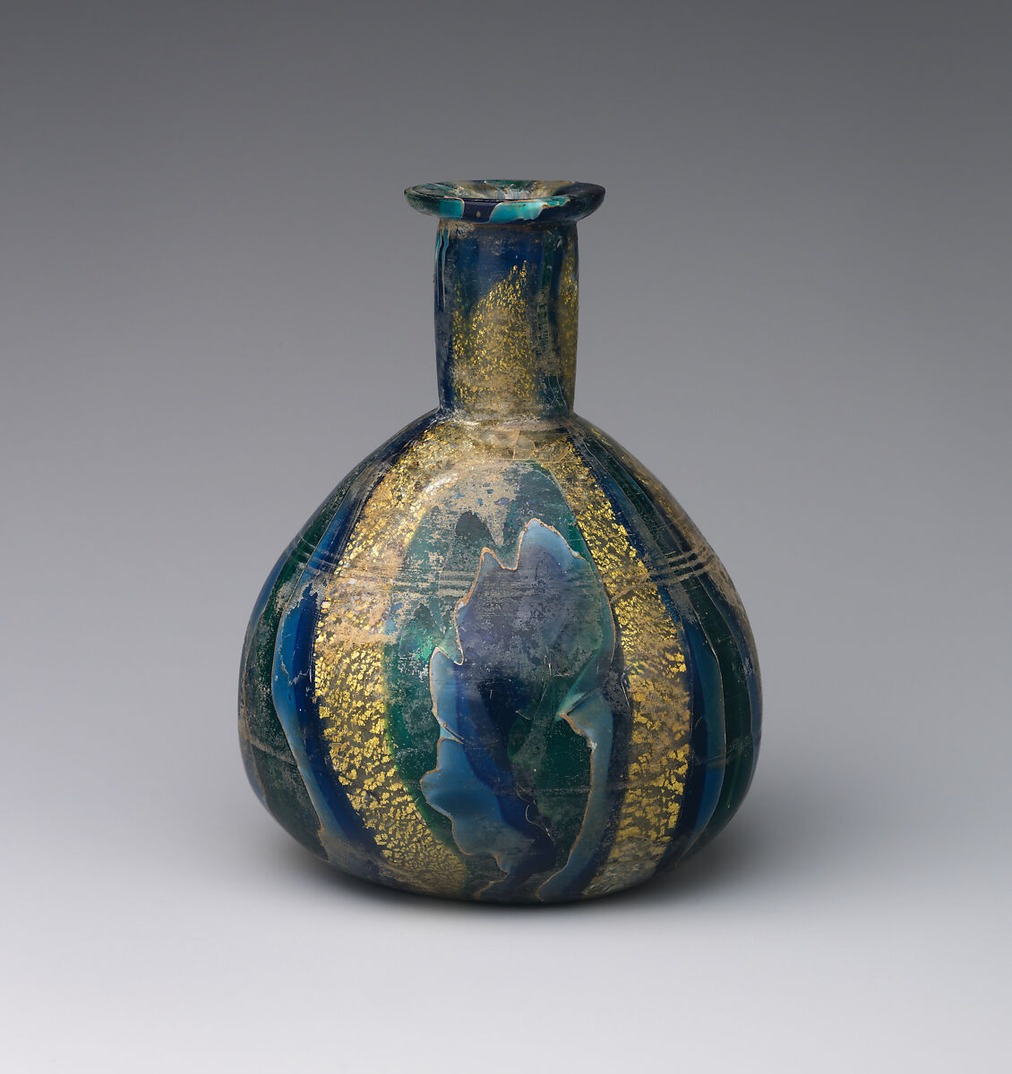 Glass gold-band mosaic bottle, Glass, Roman 