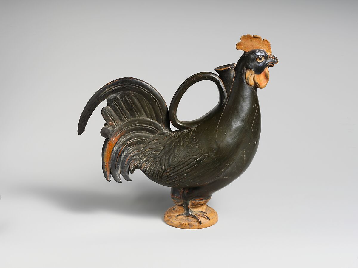 Terracotta askos (flask) in the form of a rooster, Terracotta, Etruscan 