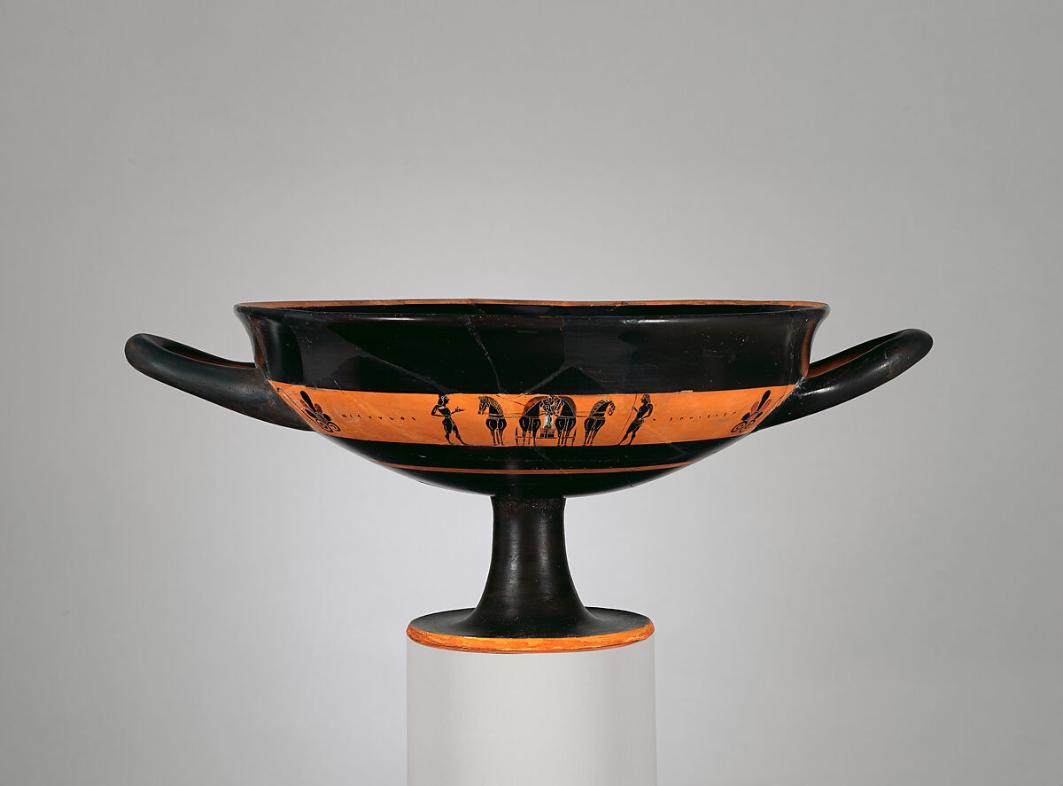 Terracotta kylix: band-cup (drinking cup), Signed by Hischylos as potter, Terracotta, Greek, Attic