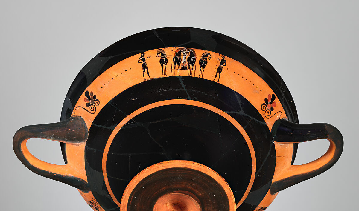Terracotta kylix: band-cup (drinking cup), Signed by Hischylos as potter, Terracotta, Greek, Attic