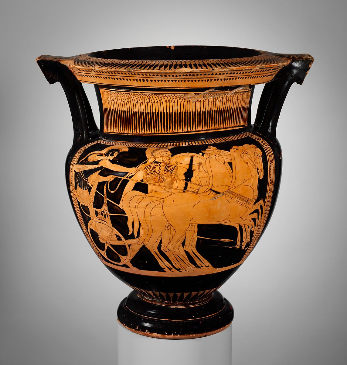 Terracotta column-krater (bowl for mixing wine and water), Attributed to the Painter of Bologna 228, Terracotta, Greek, Attic 
