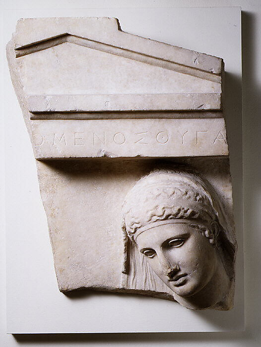 Fragment of a marble grave stele of a woman, Marble, Pentelic, Greek, Attic