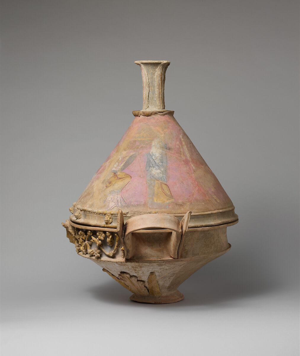 Terracotta lekanis (dish) with lid and finial, Terracotta, Greek, Sicilian, Centuripe