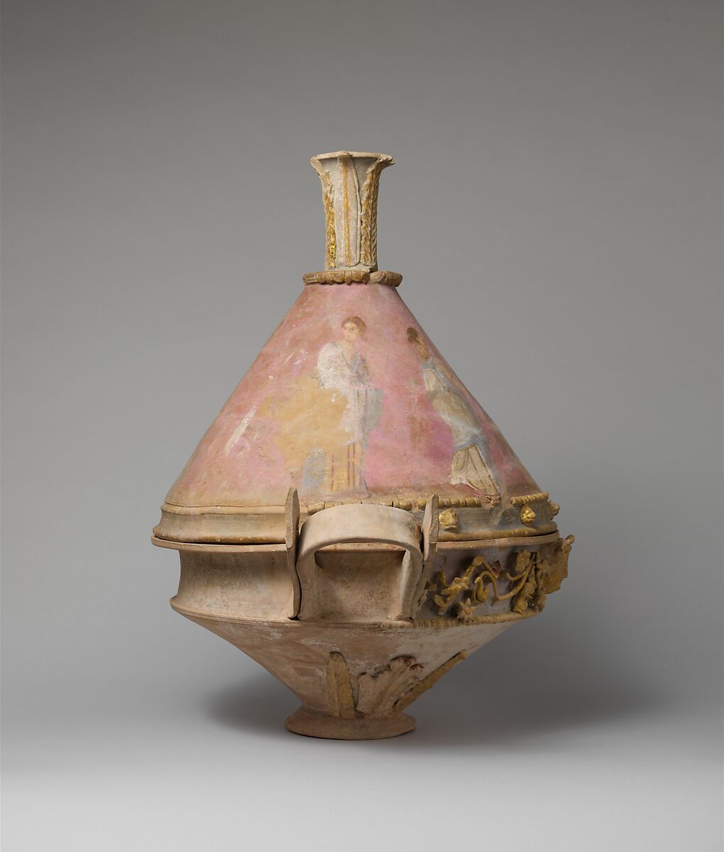 Terracotta lekanis (dish) with lid and finial, Terracotta, Greek, Sicilian, Centuripe
