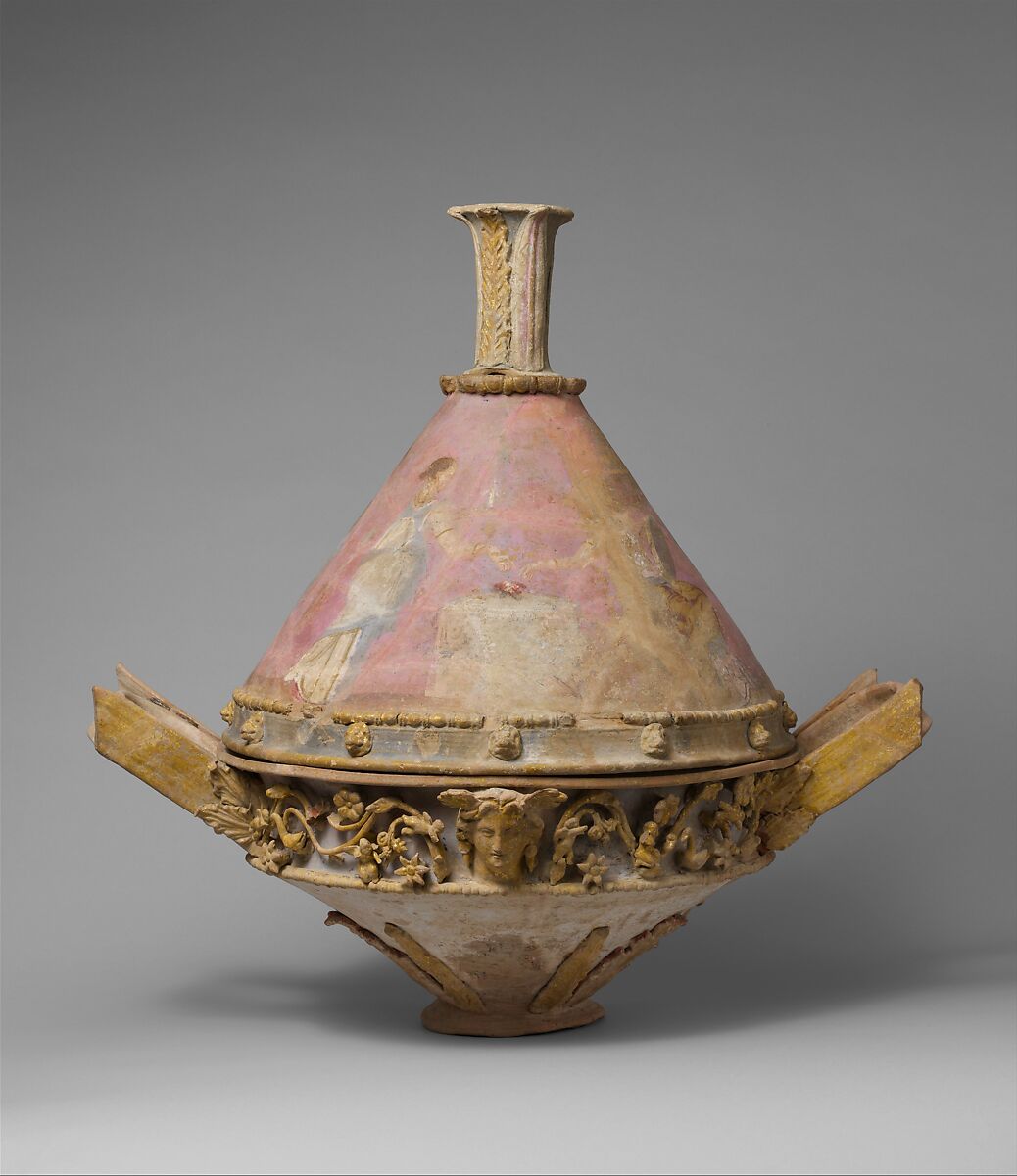 Terracotta lekanis (dish) with lid and finial, Terracotta, Greek, Sicilian, Centuripe