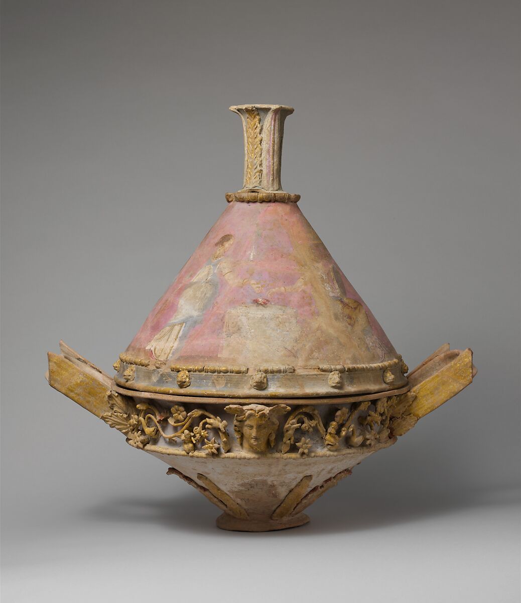 Terracotta lekanis (dish) with lid and finial, Terracotta, Greek, Sicilian, Centuripe 