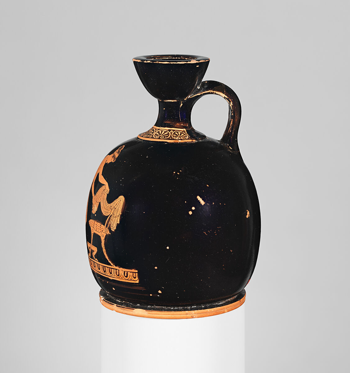 Terracotta squat lekythos (oil flask), Attributed to the Washing Painter, Terracotta, Greek, Attic