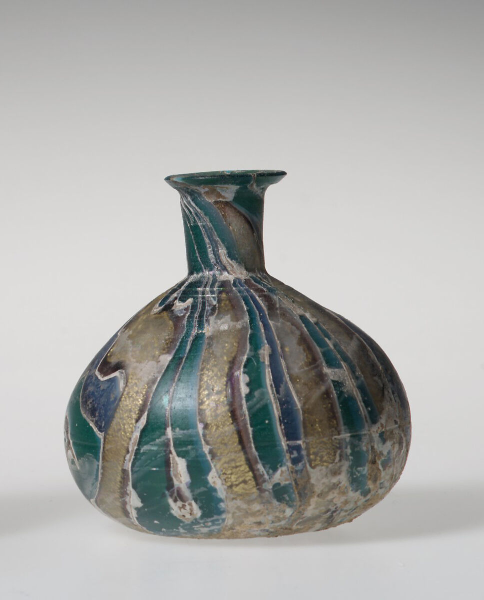 Glass gold-band mosaic bottle, Glass, Roman 