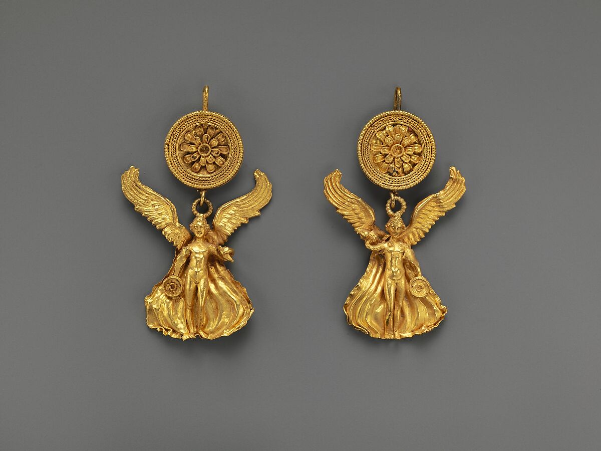 Pair of gold earrings with a disk and Eros, Gold, Greek