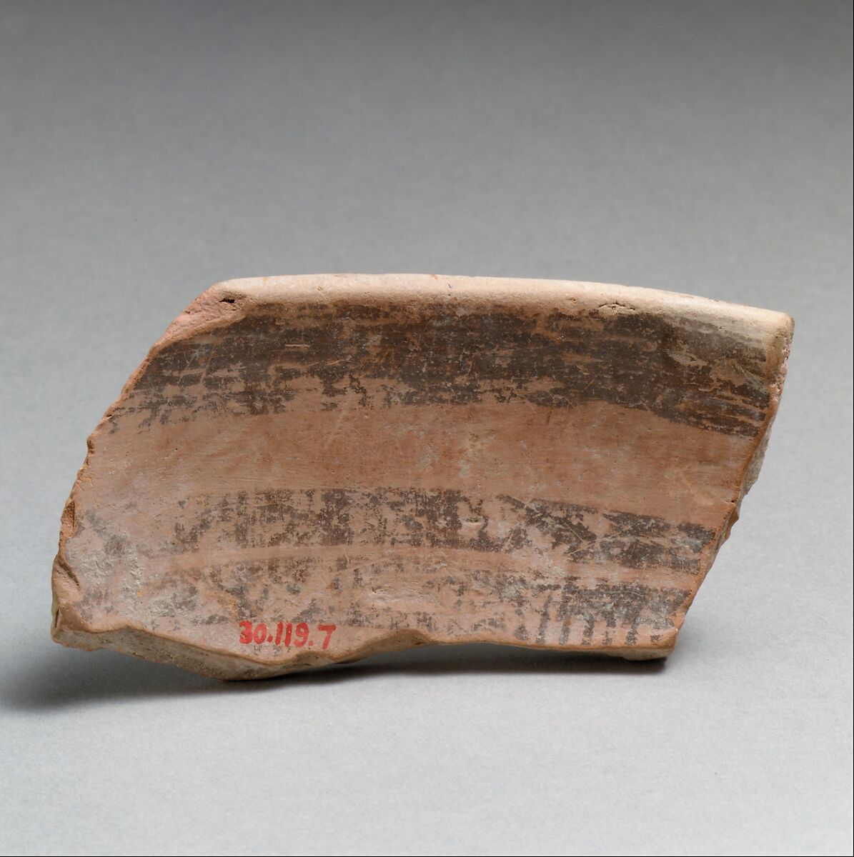 Terracotta rim fragment with lug and linear decoration, Terracotta, Dimini culture
