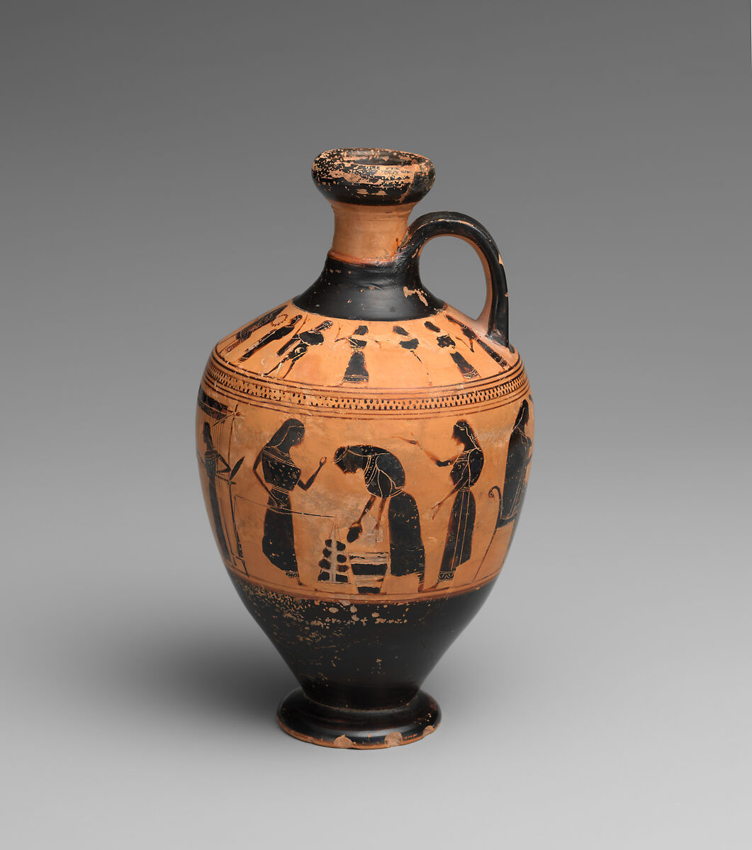 Terracotta lekythos (oil flask), Attributed to the Amasis Painter, Terracotta, Greek, Attic