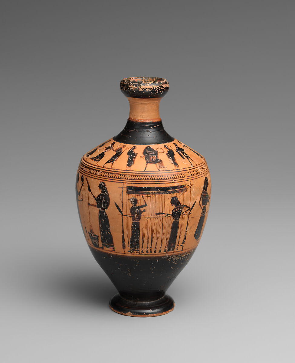 Terracotta lekythos (oil flask), Attributed to the Amasis Painter, Terracotta, Greek, Attic