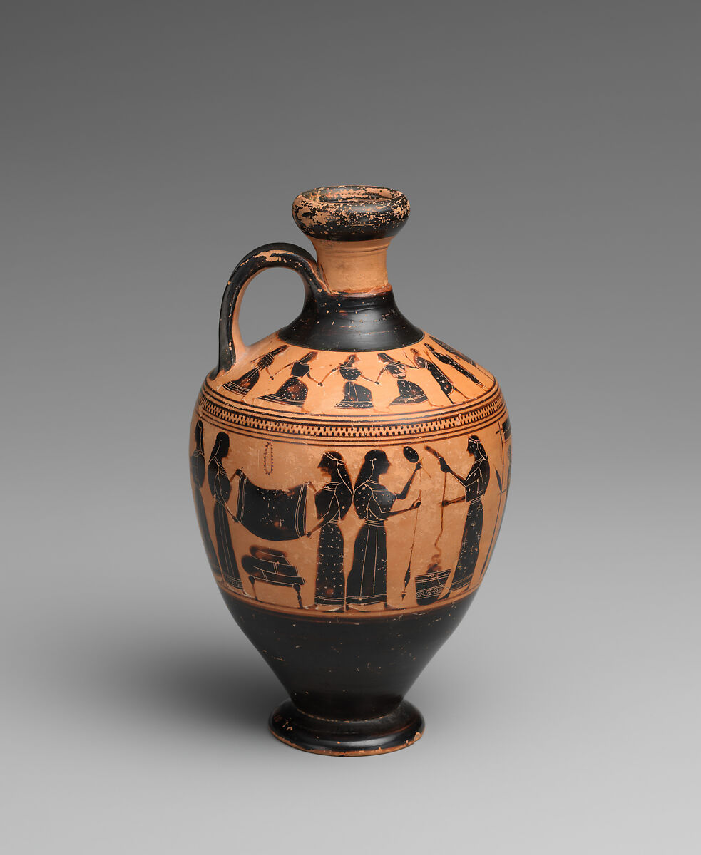 Terracotta lekythos (oil flask), Attributed to the Amasis Painter, Terracotta, Greek, Attic