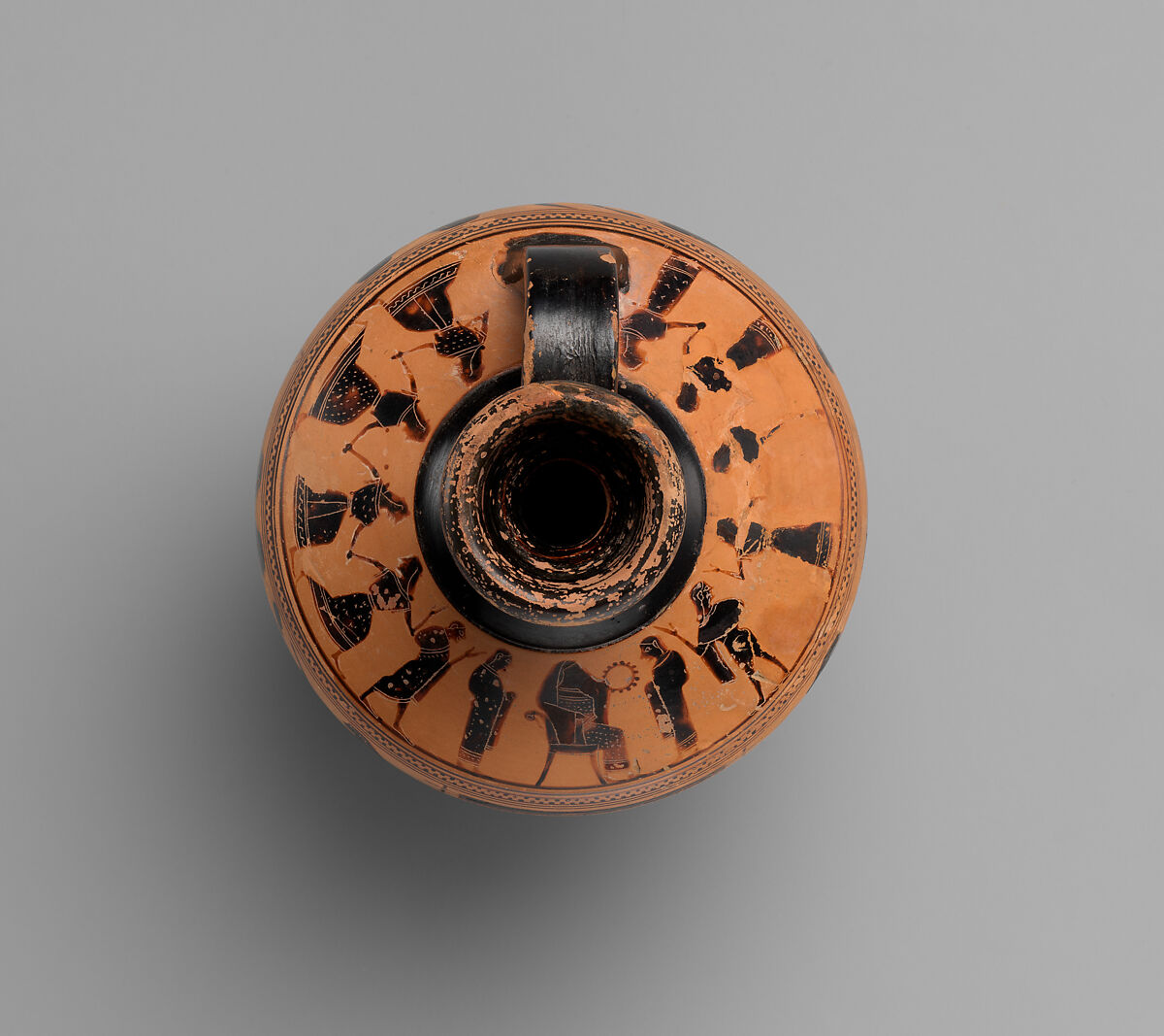 Terracotta lekythos (oil flask), Attributed to the Amasis Painter, Terracotta, Greek, Attic