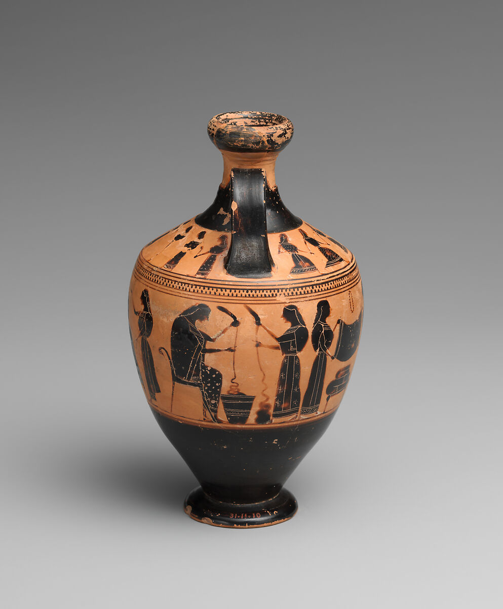 Terracotta lekythos (oil flask), Attributed to the Amasis Painter, Terracotta, Greek, Attic