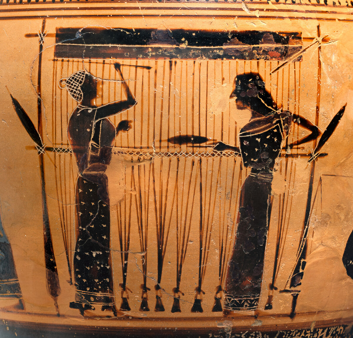 Terracotta lekythos (oil flask), Attributed to the Amasis Painter, Terracotta, Greek, Attic