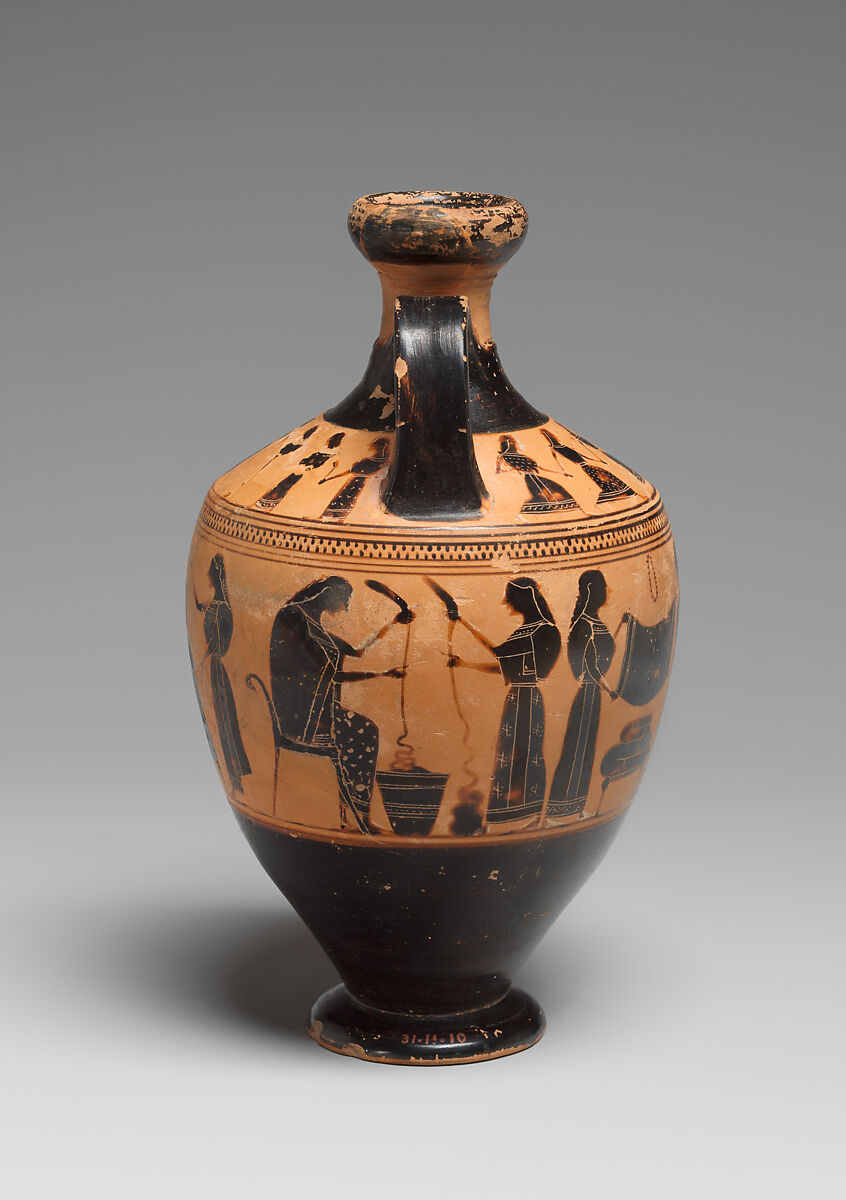 Terracotta lekythos (oil flask), Attributed to the Amasis Painter, Terracotta, Greek, Attic