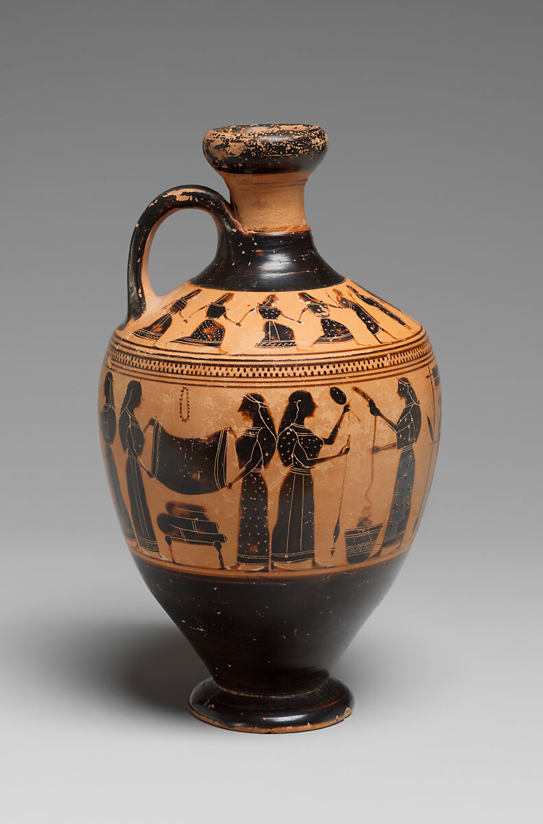 Terracotta lekythos (oil flask), Attributed to the Amasis Painter, Terracotta, Greek, Attic