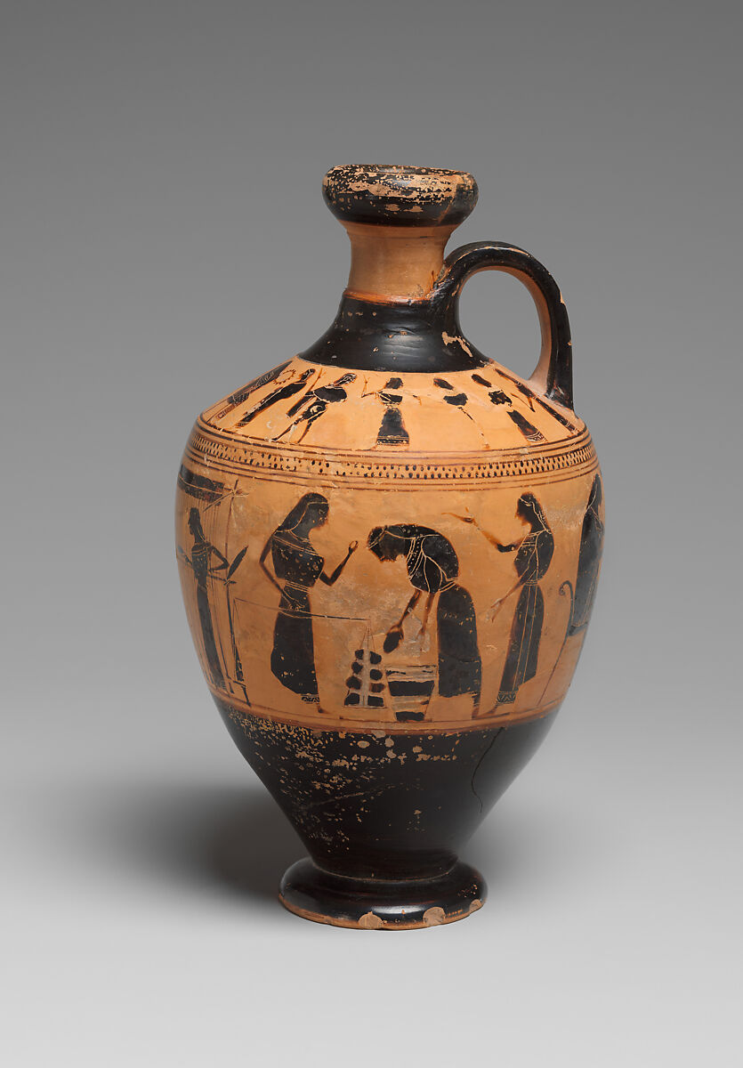 Terracotta lekythos (oil flask), Attributed to the Amasis Painter, Terracotta, Greek, Attic