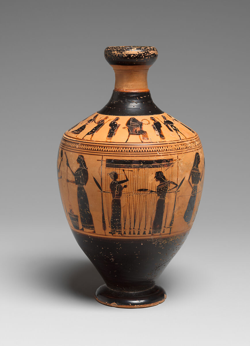 Terracotta lekythos (oil flask), Attributed to the Amasis Painter, Terracotta, Greek, Attic