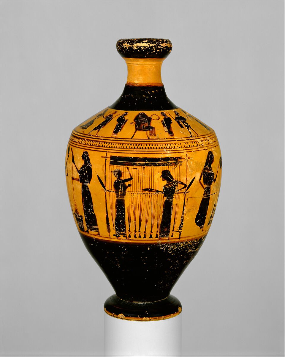 Terracotta lekythos (oil flask), Attributed to the Amasis Painter, Terracotta, Greek, Attic 
