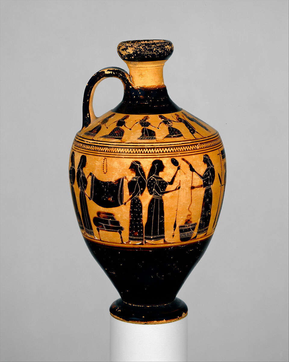 Terracotta lekythos (oil flask), Attributed to the Amasis Painter, Terracotta, Greek, Attic