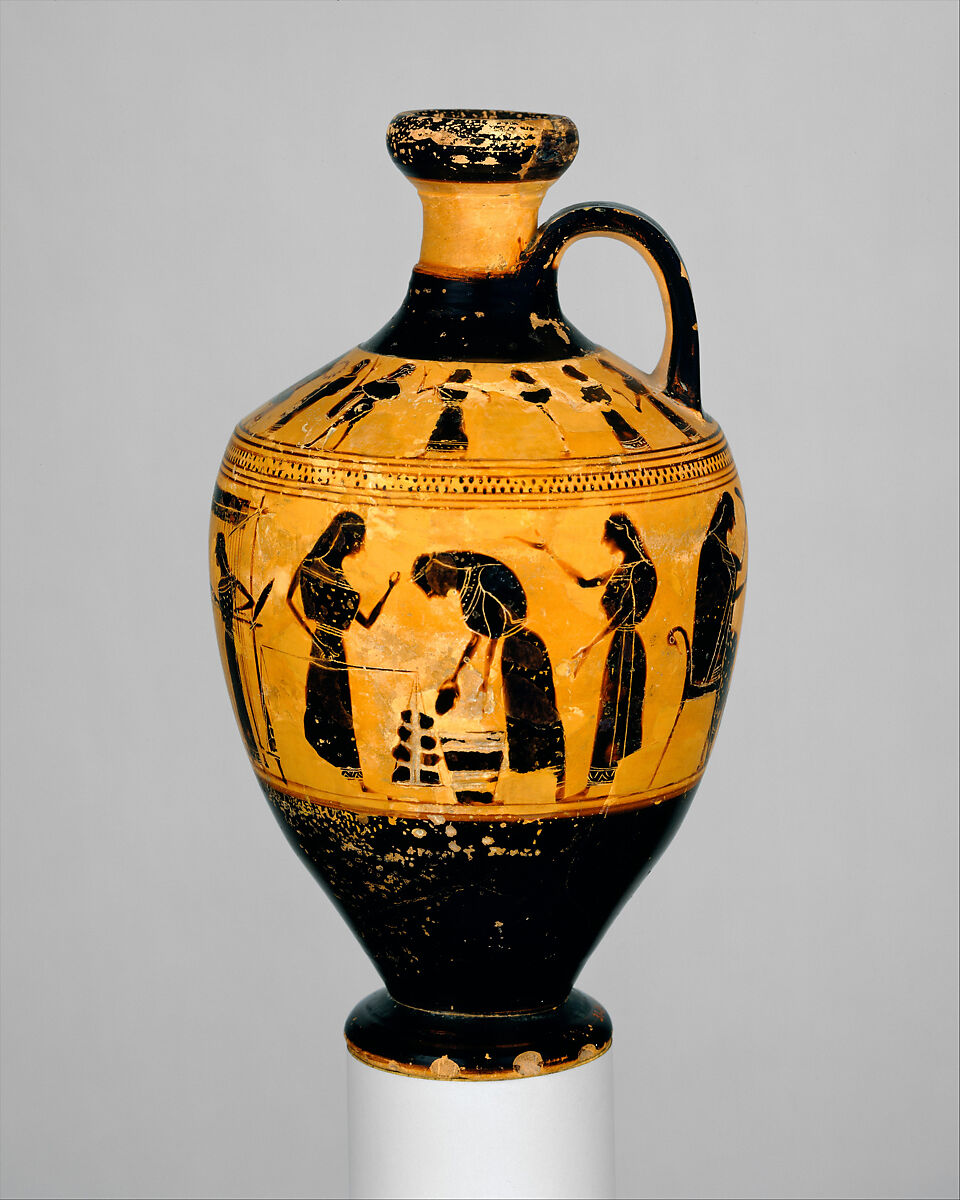 Terracotta lekythos (oil flask), Attributed to the Amasis Painter, Terracotta, Greek, Attic