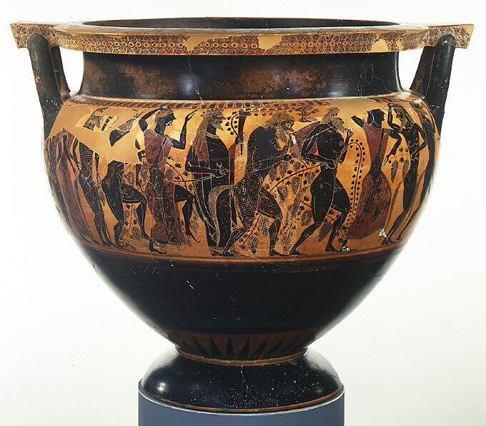 Terracotta column-krater (bowl for mixing wine and water), Attributed to Lydos, Terracotta, Greek, Attic