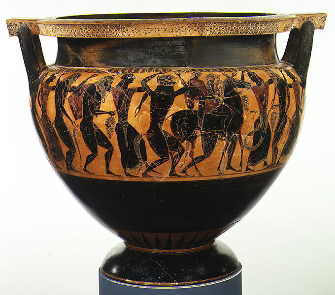 Terracotta column-krater (bowl for mixing wine and water), Attributed to Lydos, Terracotta, Greek, Attic
