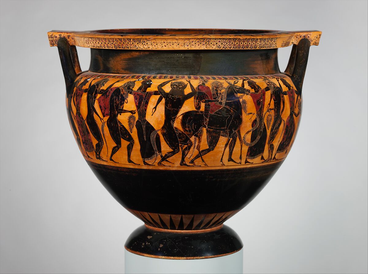 Terracotta column-krater (bowl for mixing wine and water), Attributed to Lydos, Terracotta, Greek, Attic