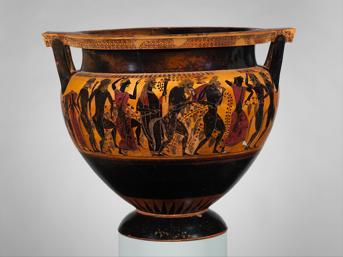 Terracotta column-krater (bowl for mixing wine and water), Attributed to Lydos, Terracotta, Greek, Attic 