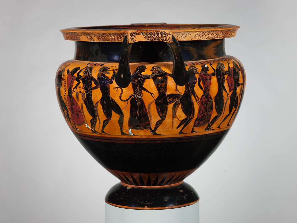 Terracotta column-krater (bowl for mixing wine and water), Attributed to Lydos, Terracotta, Greek, Attic