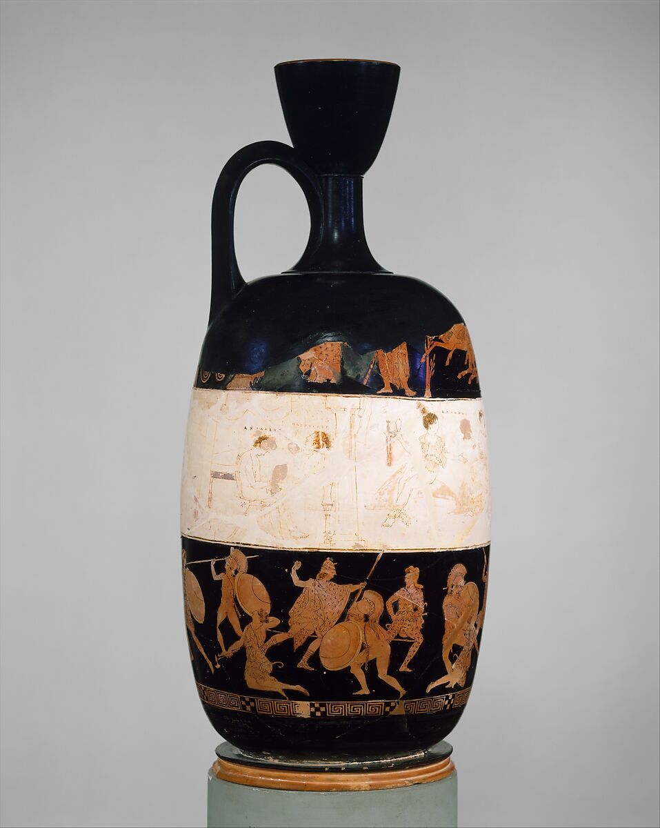 Terracotta lekythos (oil flask), Attributed to the Eretria Painter, Terracotta, Greek, Attic