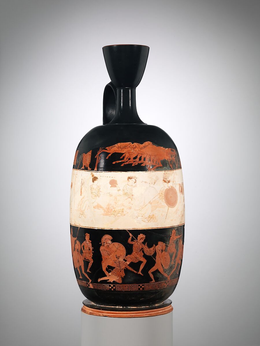 Terracotta lekythos (oil flask), Attributed to the Eretria Painter, Terracotta, Greek, Attic