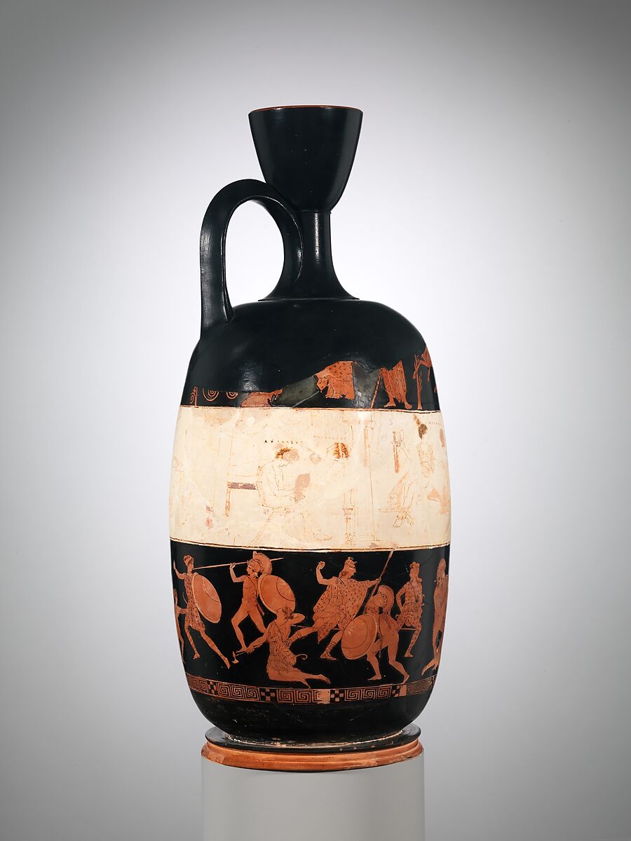 Terracotta lekythos (oil flask), Attributed to the Eretria Painter, Terracotta, Greek, Attic 