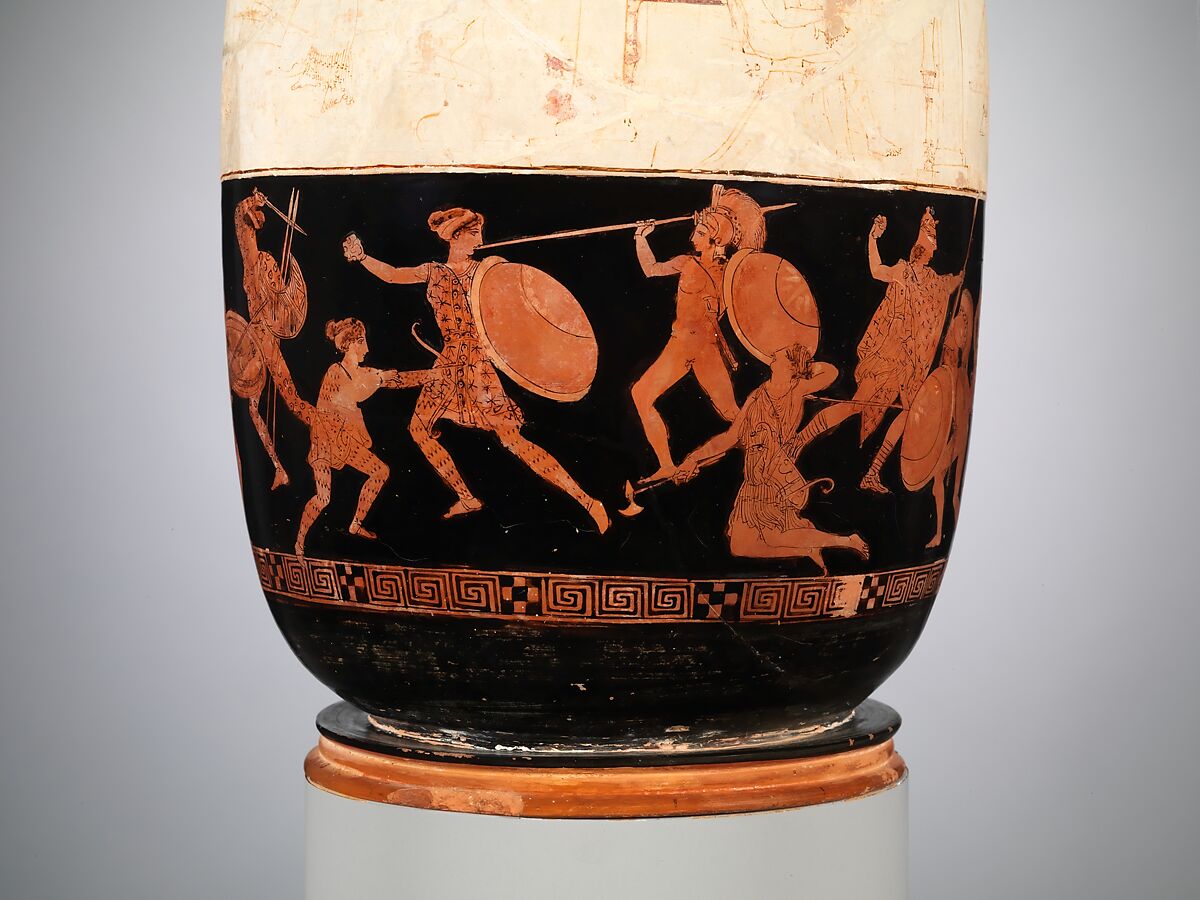 Terracotta lekythos (oil flask), Attributed to the Eretria Painter, Terracotta, Greek, Attic