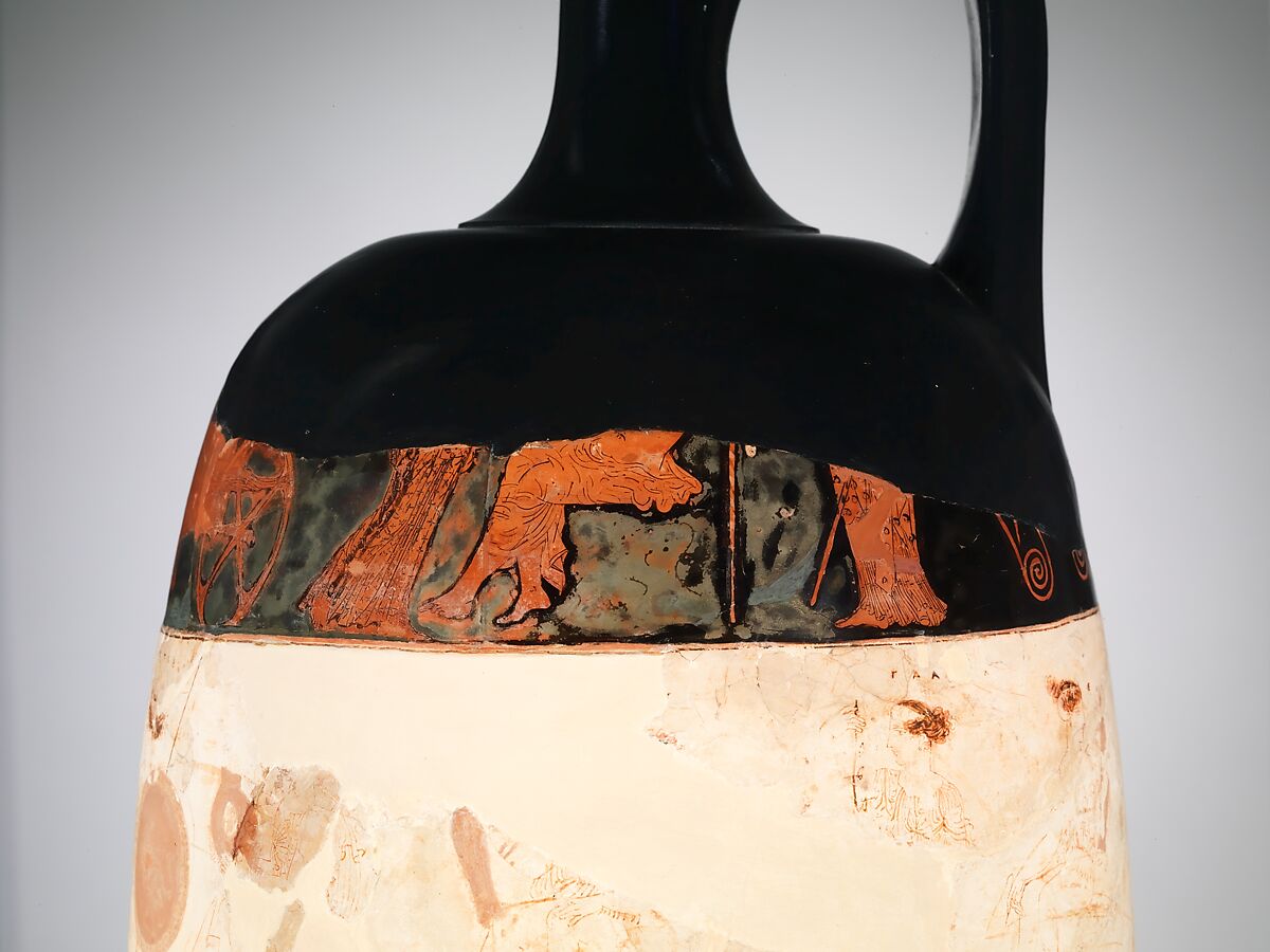 Terracotta lekythos (oil flask), Attributed to the Eretria Painter, Terracotta, Greek, Attic