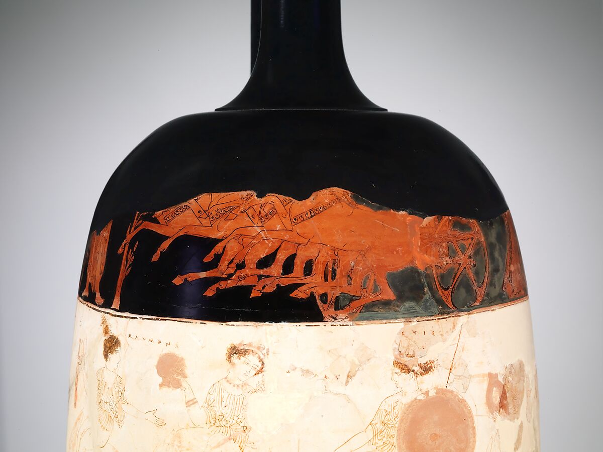 Terracotta lekythos (oil flask), Attributed to the Eretria Painter, Terracotta, Greek, Attic